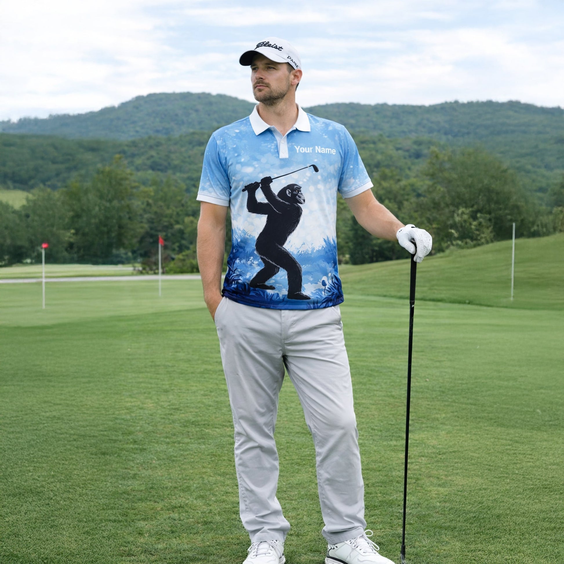 Funny Bigfoot Golf Polo Shirt Custom Name Not All Who Wander Are Lost Golfer Gift Blue Performance Polo GIA26033103_6.jpg