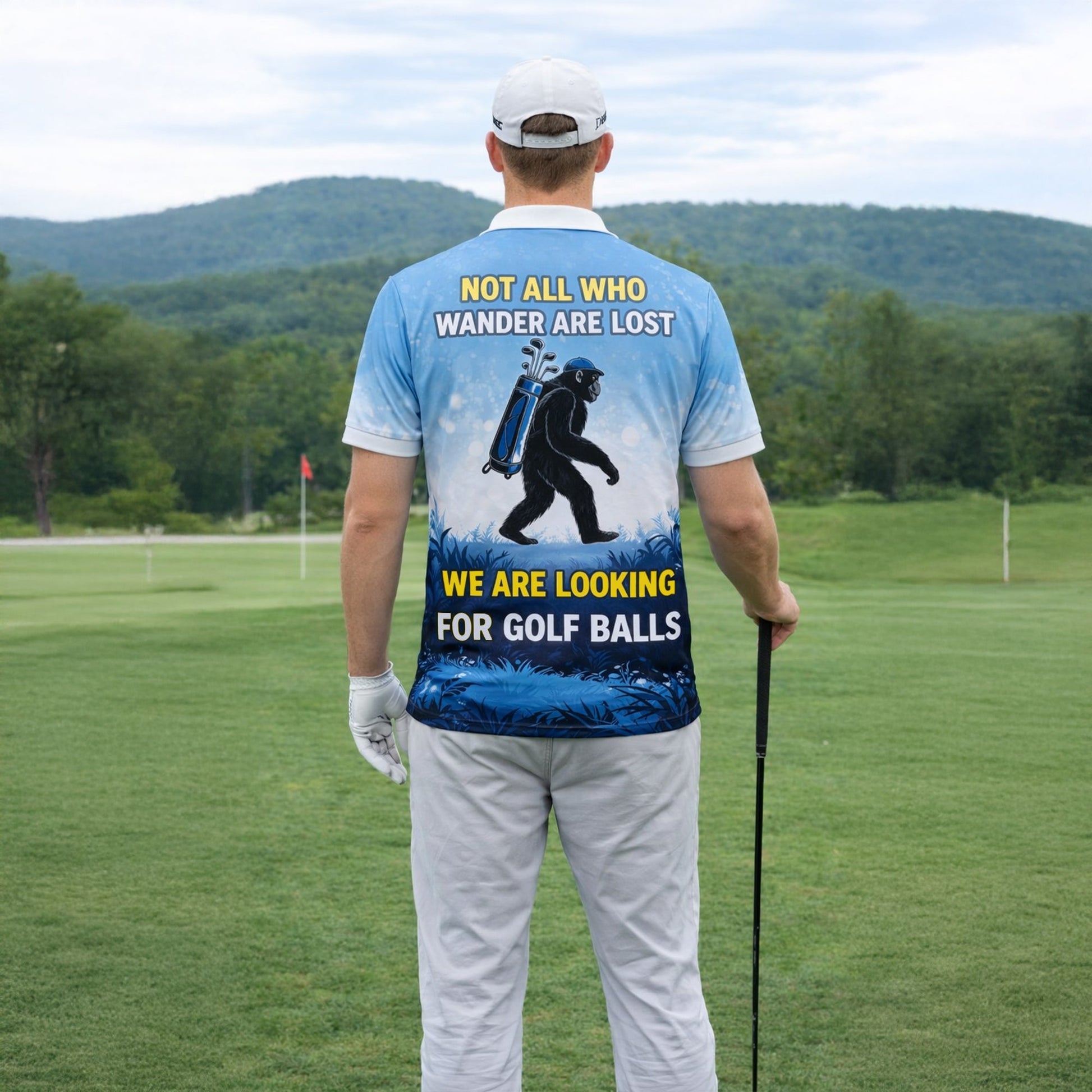 Funny Bigfoot Golf Polo Shirt Custom Name Not All Who Wander Are Lost Golfer Gift Blue Performance Polo GIA26033103_7.jpg