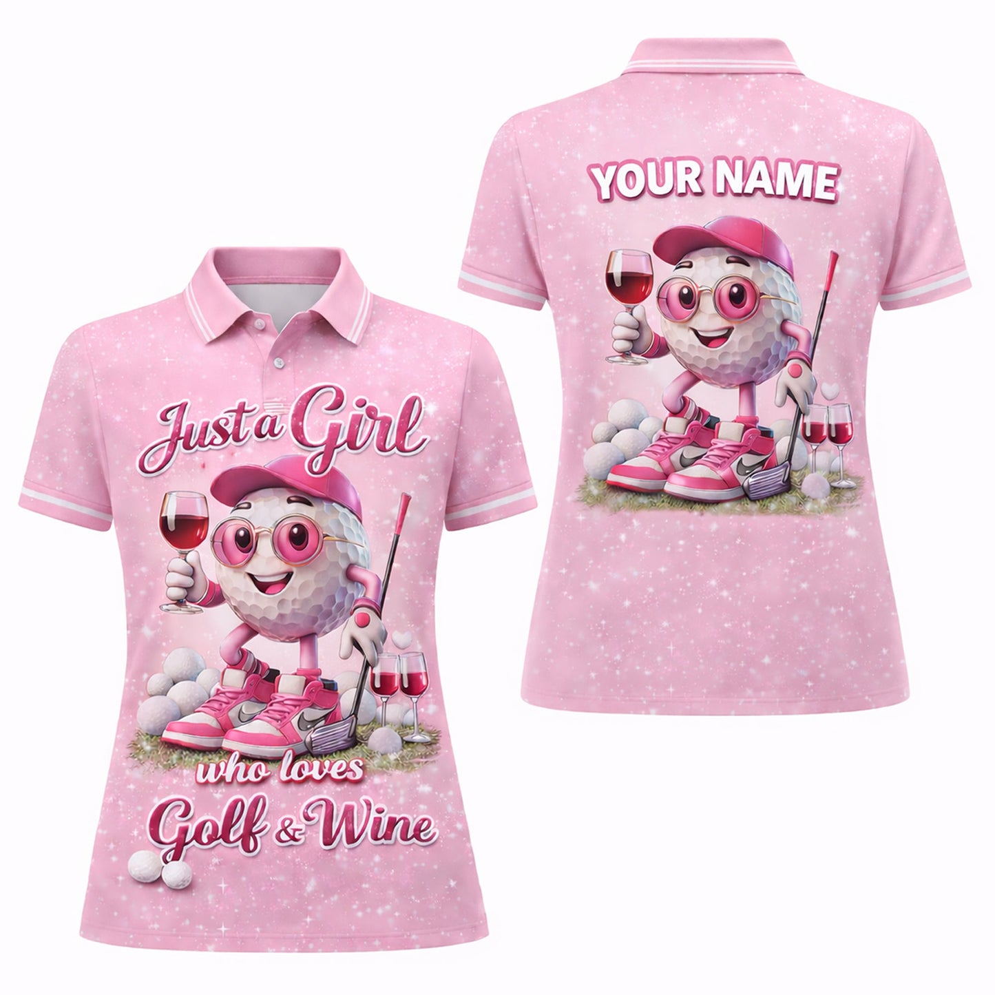Women Golf Polo Shirt Funny Golf & Wine Lover Custom Name Pink Cute Golf Ball Design GIA26040704_1.jpg