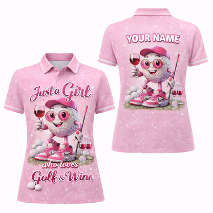 Women Golf Polo Shirt Funny Golf & Wine Lover Custom Name Pink Cute Golf Ball Design GIA26040704_1.jpg