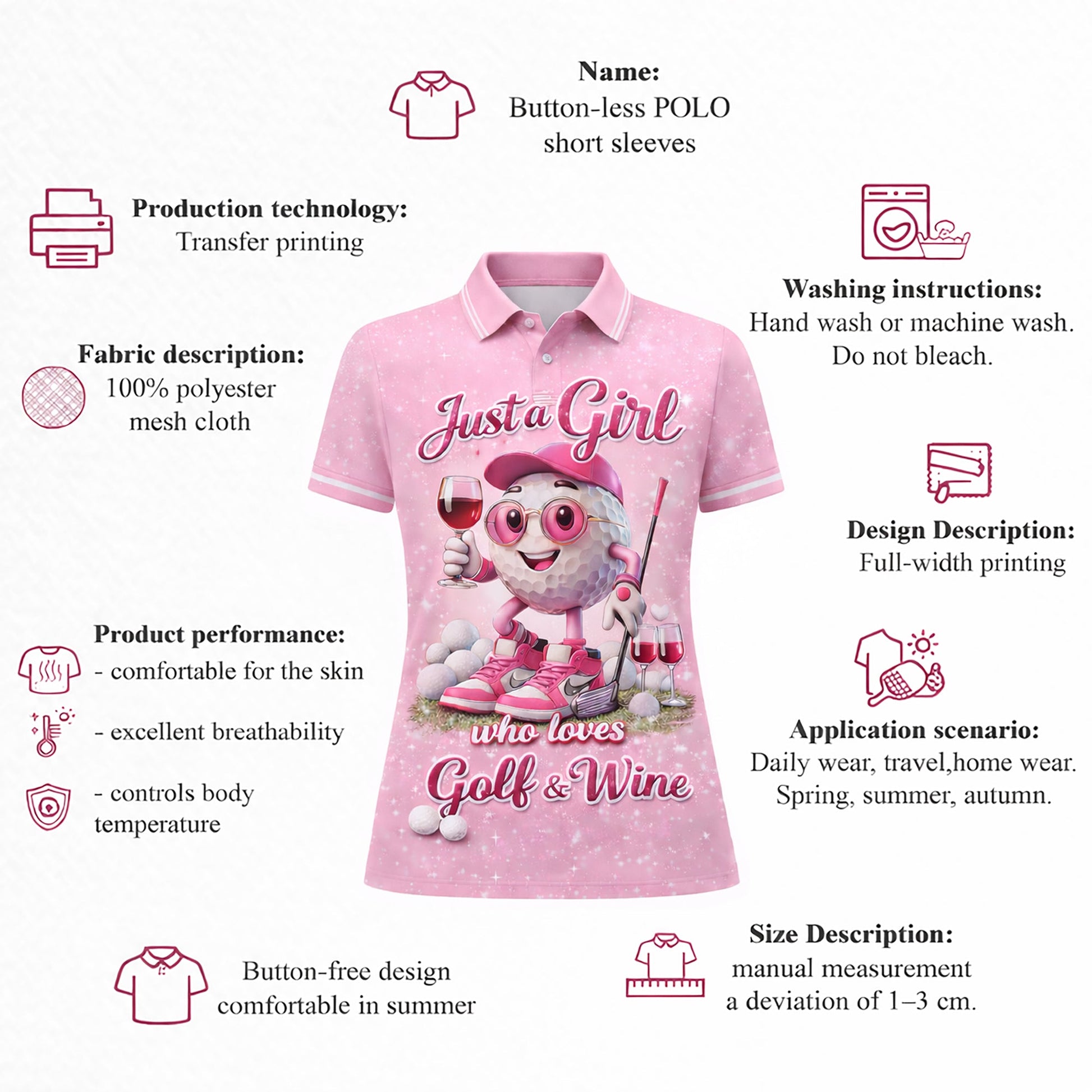 Women Golf Polo Shirt Funny Golf & Wine Lover Custom Name Pink Cute Golf Ball Design GIA26040704_4.jpg