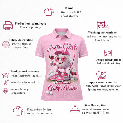Women Golf Polo Shirt Funny Golf & Wine Lover Custom Name Pink Cute Golf Ball Design GIA26040704_4.jpg