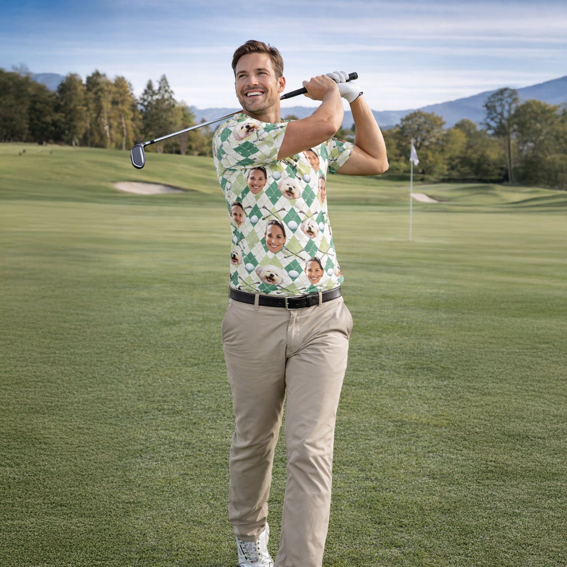 Custom Face and Pet Photo Golf Polo Shirt Green Argyle GIA26041504_6.jpg