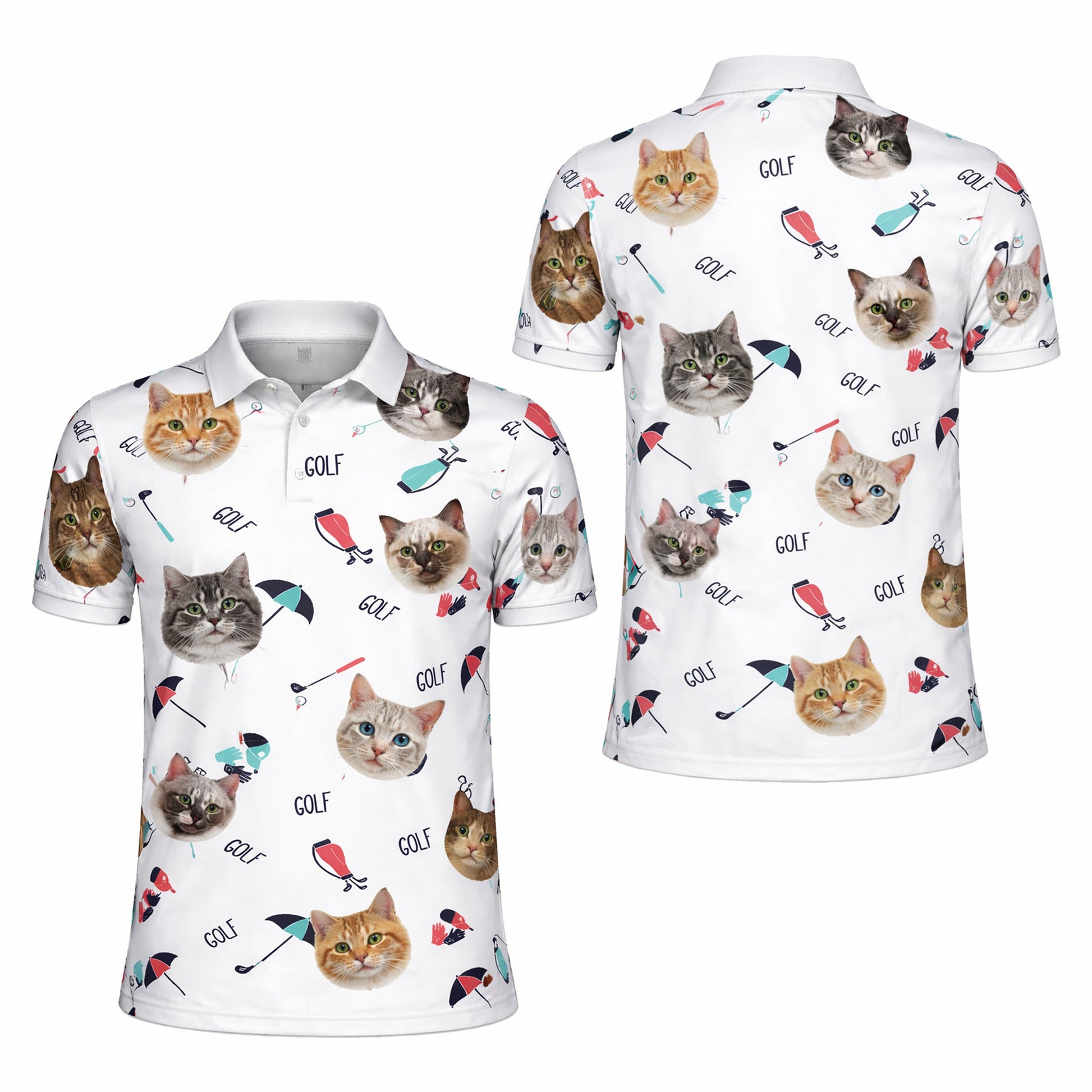 Cute Cat Faces Golf Pattern Mens Polo Shirt White GIA26041507_1.jpg
