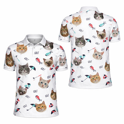 Cute Cat Faces Golf Pattern Mens Polo Shirt White GIA26041507_1.jpg
