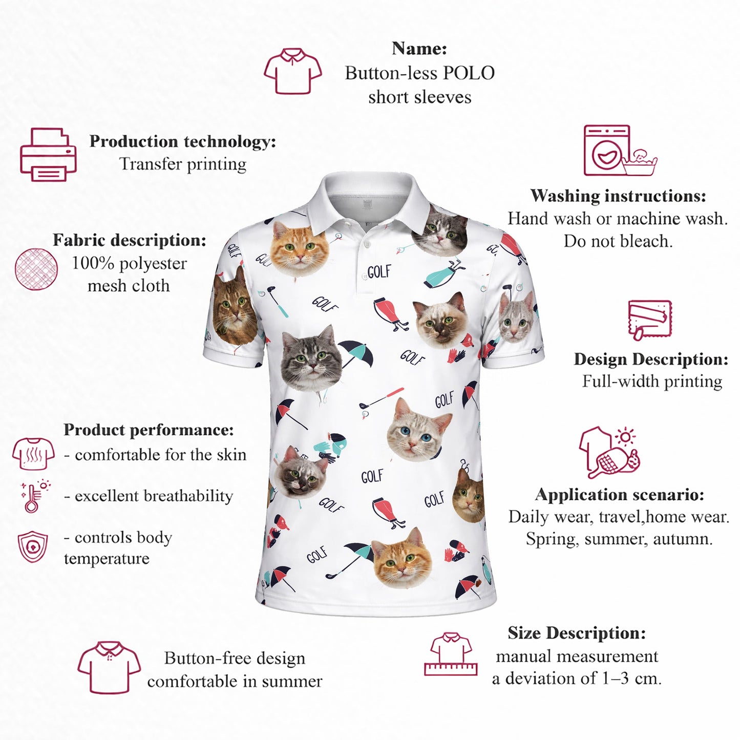 Cute Cat Faces Golf Pattern Mens Polo Shirt White GIA26041507_4.jpg