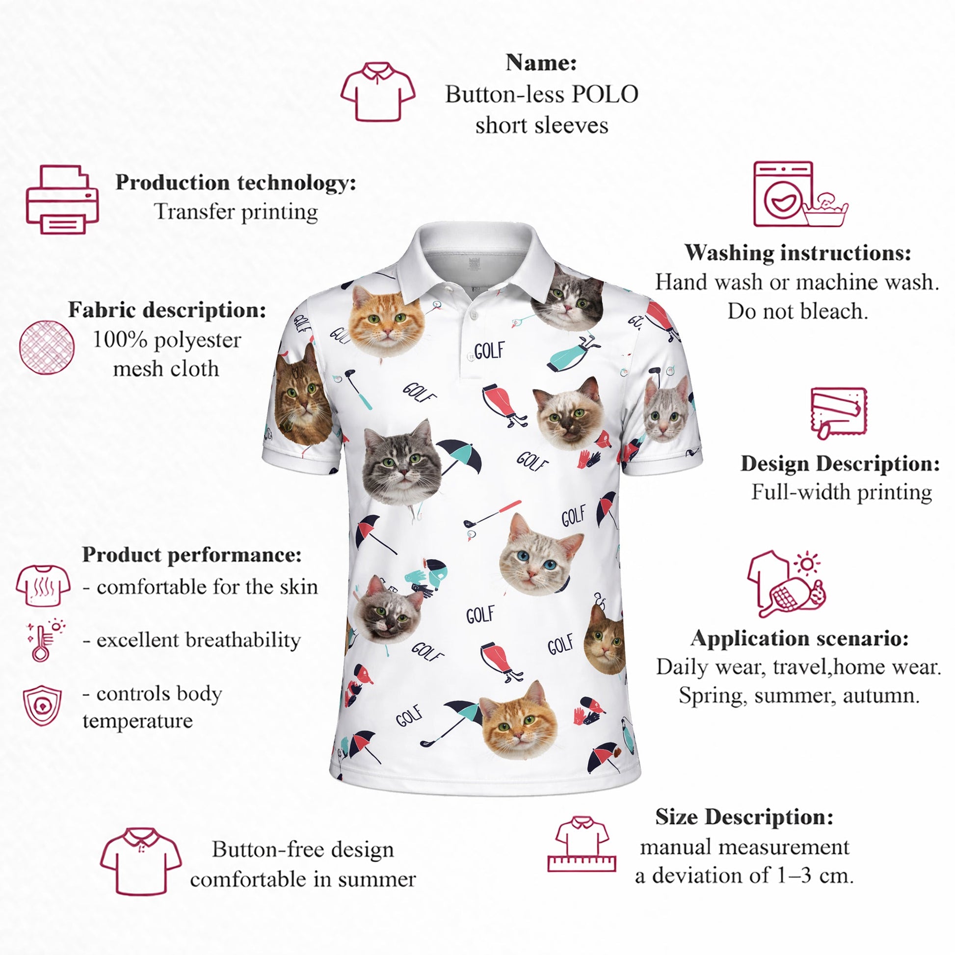 Cute Cat Faces Golf Pattern Mens Polo Shirt White GIA26041507_4.jpg