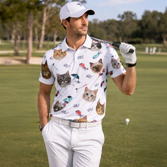 Cute Cat Faces Golf Pattern Mens Polo Shirt White GIA26041507_5.jpg