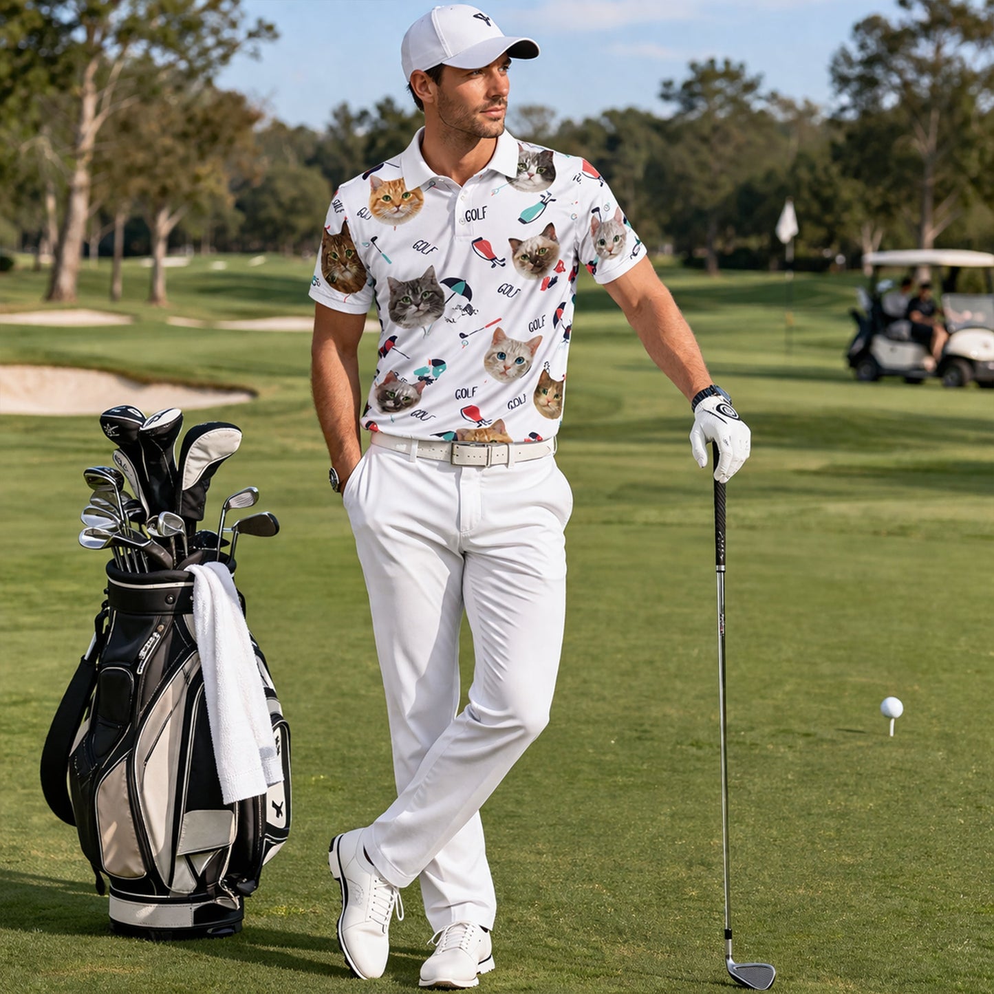 Cute Cat Faces Golf Pattern Mens Polo Shirt White GIA26041507_6.jpg