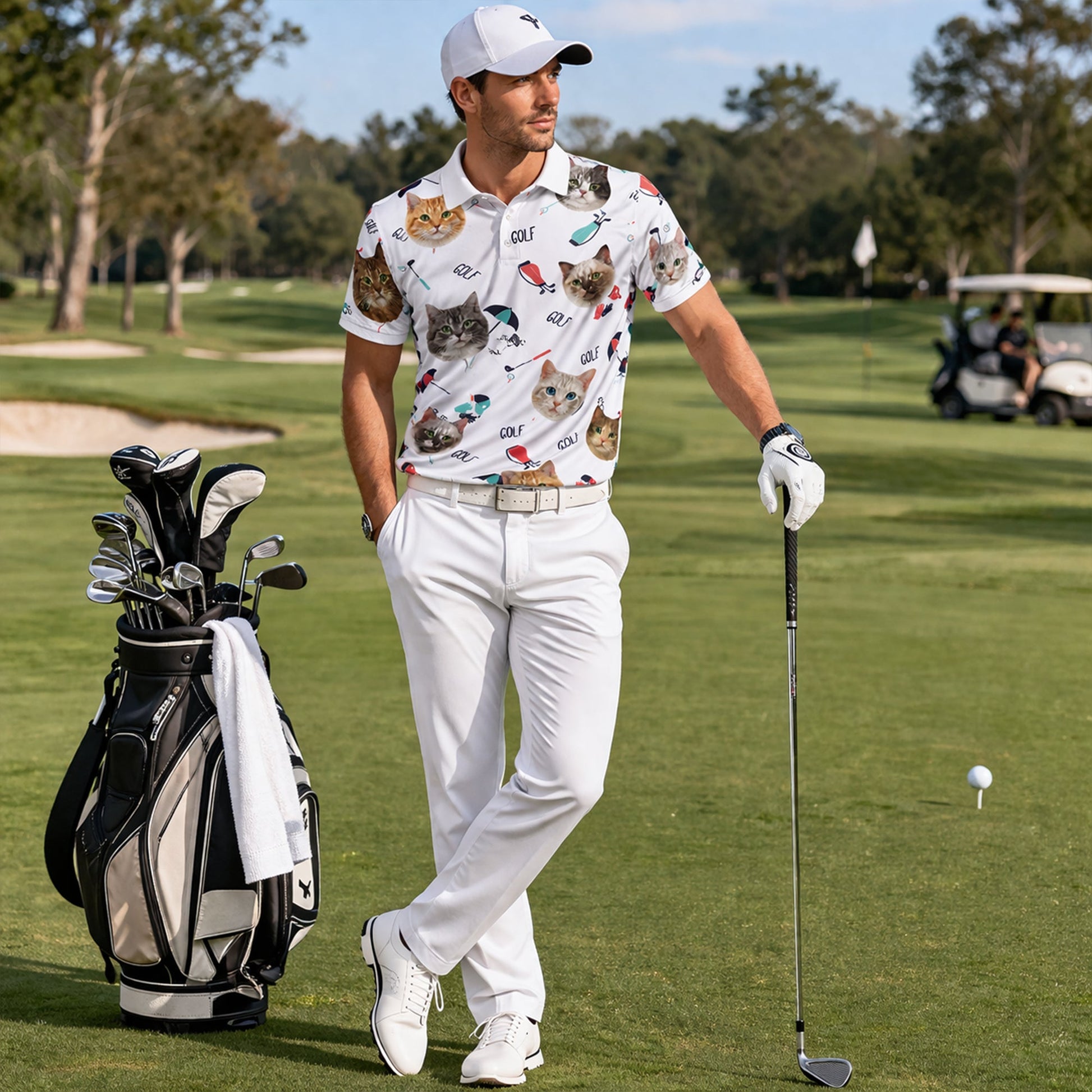 Cute Cat Faces Golf Pattern Mens Polo Shirt White GIA26041507_6.jpg