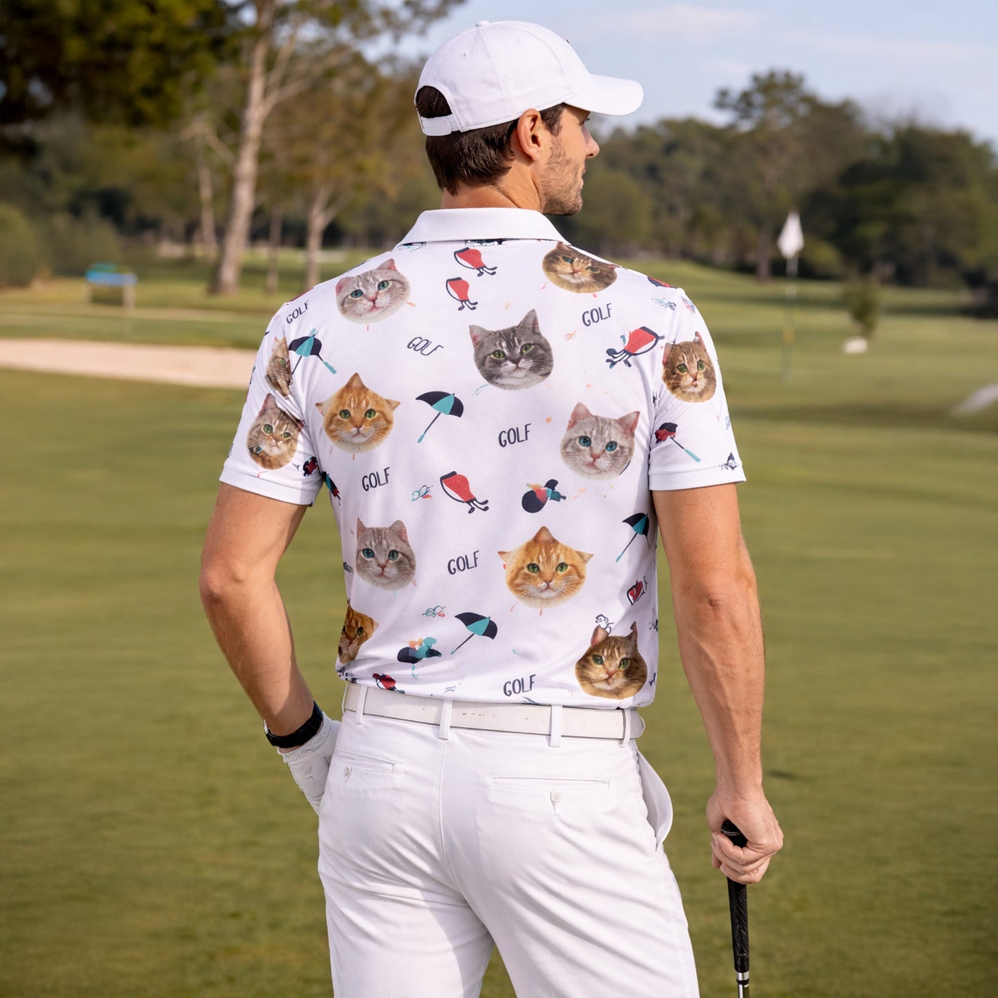 Cute Cat Faces Golf Pattern Mens Polo Shirt White GIA26041507_7.jpg