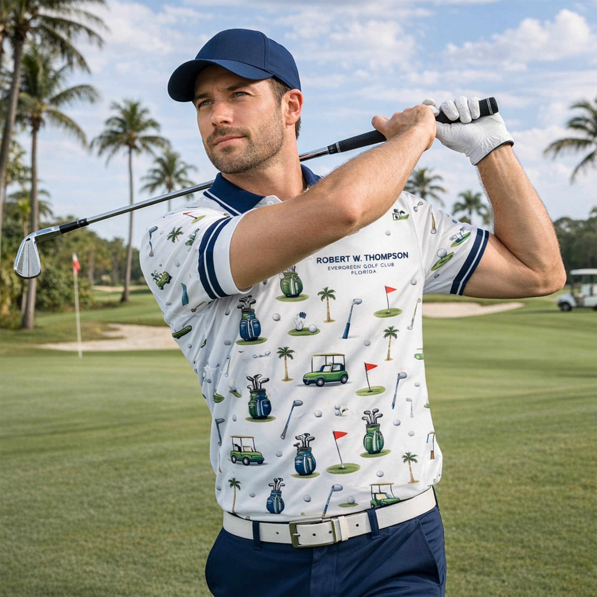 Custom Name Golf Club Pattern Mens Polo White Navy GIA26042005_5.jpg