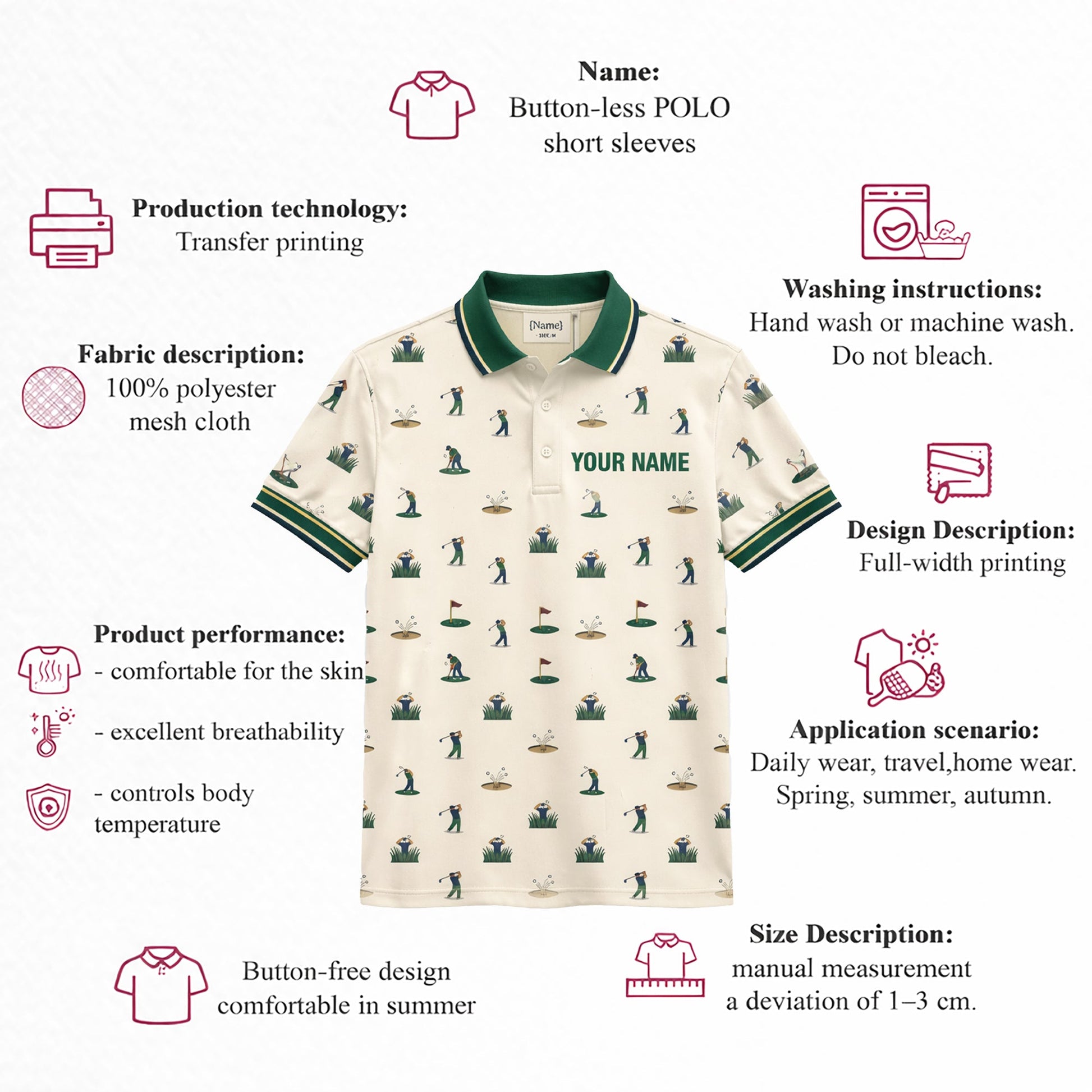 Vintage Golfer Pattern Custom Name Polo Cream Green GIA26042007_4.jpg