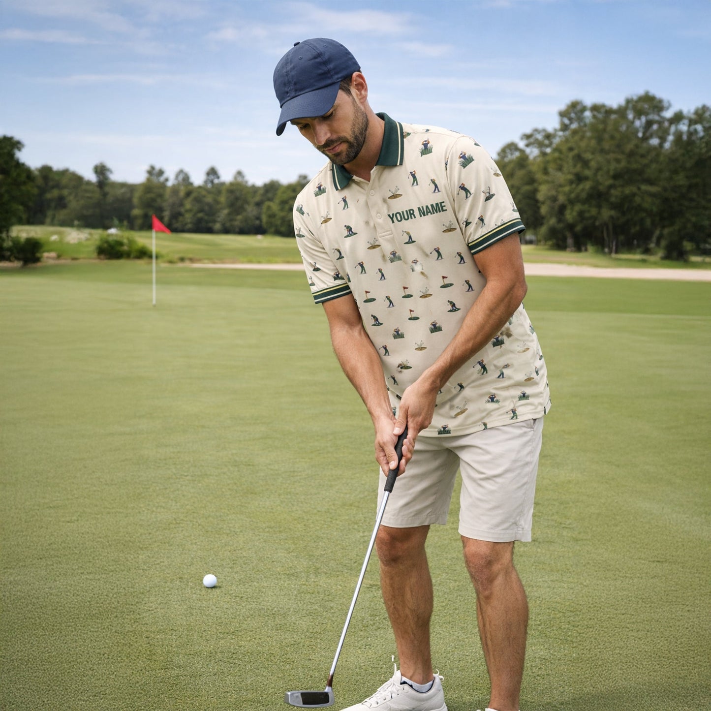 Vintage Golfer Pattern Custom Name Polo Cream Green GIA26042007_5.jpg