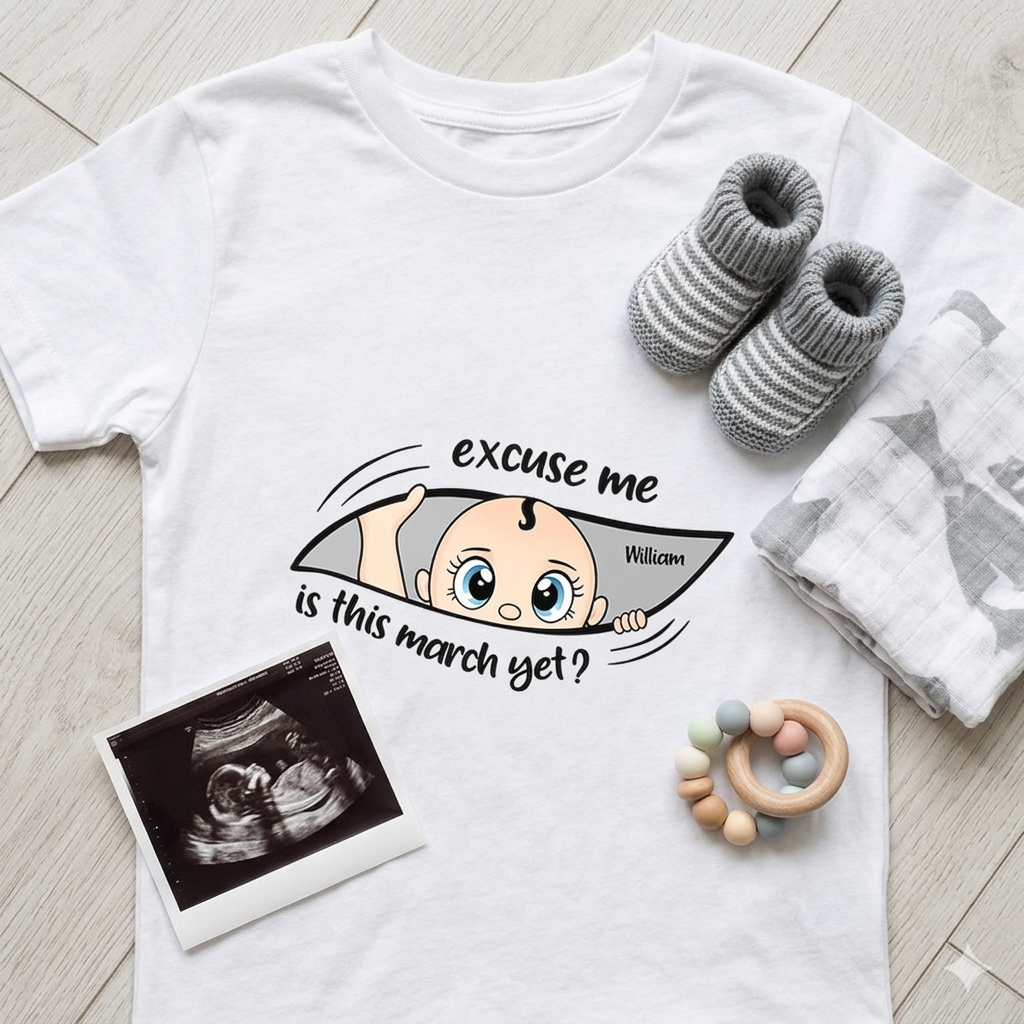 Excuse Me Is It Time Yet Pregnancy Announcement Expecting Mom Maternity - Personalized T Shirt