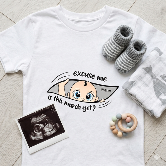 Excuse Me Is It Time Yet Pregnancy Announcement Expecting Mom Maternity - Personalized T Shirt