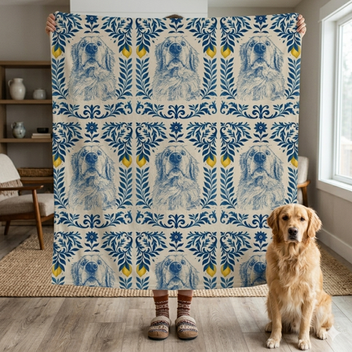 Vintage Cobalt Canine Pet Blanket Upload Photo Blanket