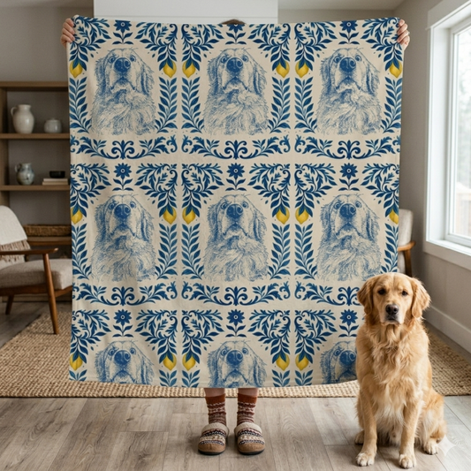 Vintage Cobalt Canine Pet Blanket Upload Photo Blanket