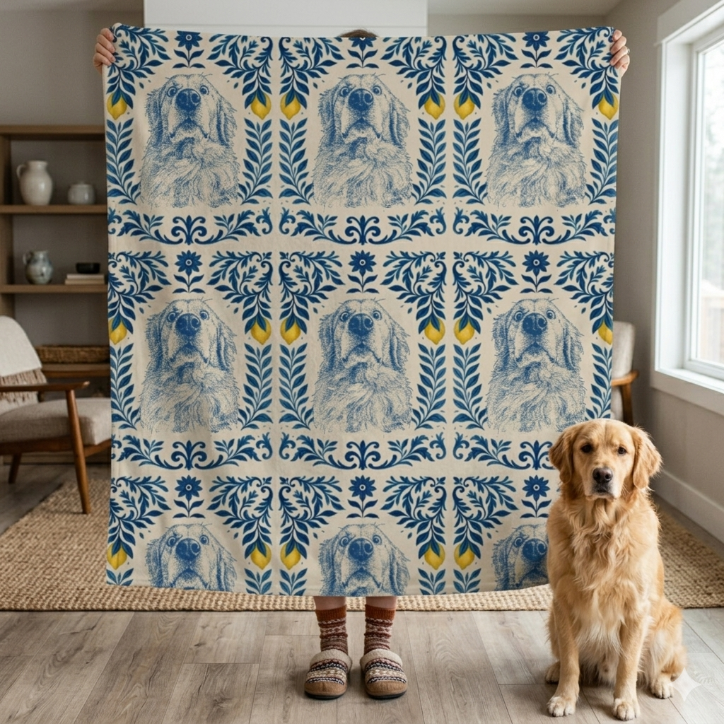 Vintage Cobalt Canine Pet Blanket Upload Photo Blanket