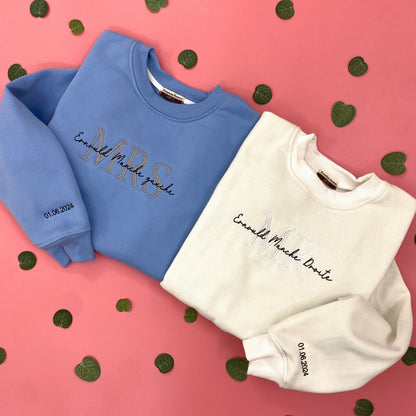 Mrs And Mr Embroidered Sweatshirt, Date On Sleeve IMG_E3603.1.jpg