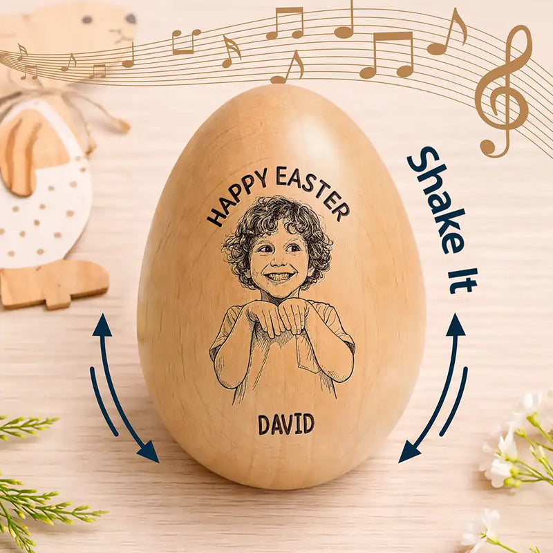 Custom Photo Pencil Sketch Happy Kids Easter - Personalized Wooden Easter Egg