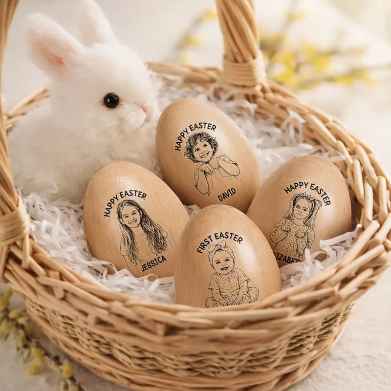 Custom Photo Pencil Sketch Happy Kids Easter - Personalized Wooden Easter Egg