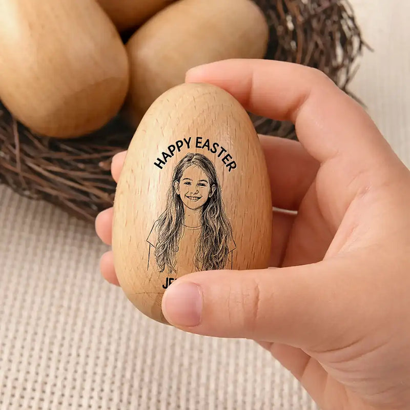 Custom Photo Pencil Sketch Happy Kids Easter - Personalized Wooden Easter Egg
