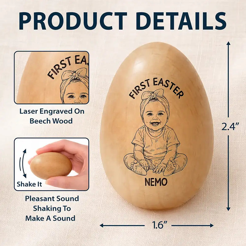 Custom Photo Pencil Sketch Happy Kids Easter - Personalized Wooden Easter Egg