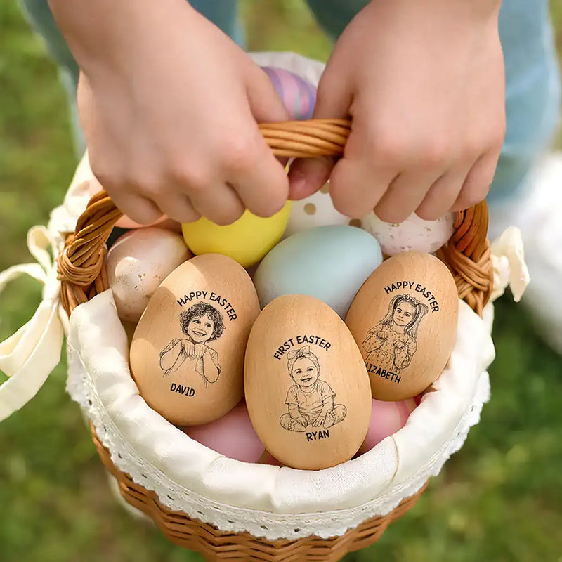 Custom Photo Pencil Sketch Happy Kids Easter - Personalized Wooden Easter Egg