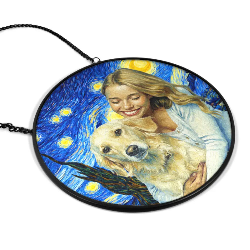 Custom Photo Starry Night Dog Mom Cat Mom Pet Lover - Personalized Stained Glass Window Hanging Suncatcher