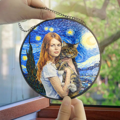 Custom Photo Starry Night Dog Mom Cat Mom Pet Lover - Personalized Stained Glass Window Hanging Suncatcher