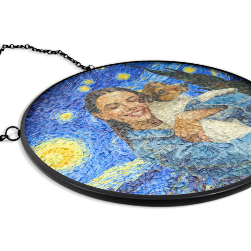 Custom Photo Starry Night Dog Mom Cat Mom Pet Lover - Personalized Stained Glass Window Hanging Suncatcher