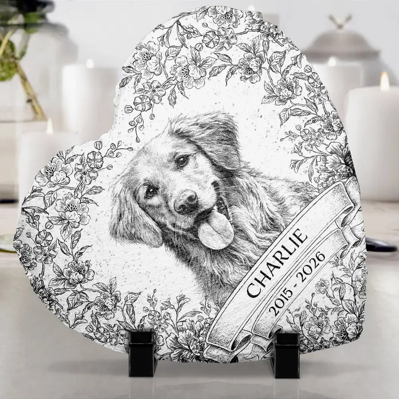 Custom Photo Pencil Sketch Forever Loved Dog Cat Portrait - Personalized Heart Memorial Garden Stone