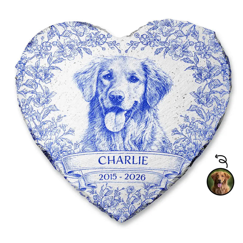 Custom Photo Pencil Sketch Forever Loved Dog Cat Portrait - Personalized Heart Memorial Garden Stone