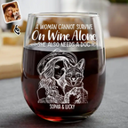 Custom Photo Pencil Sketch Pet Portrait A Woman & Her Dog - Personalized Stemless Wine Glass