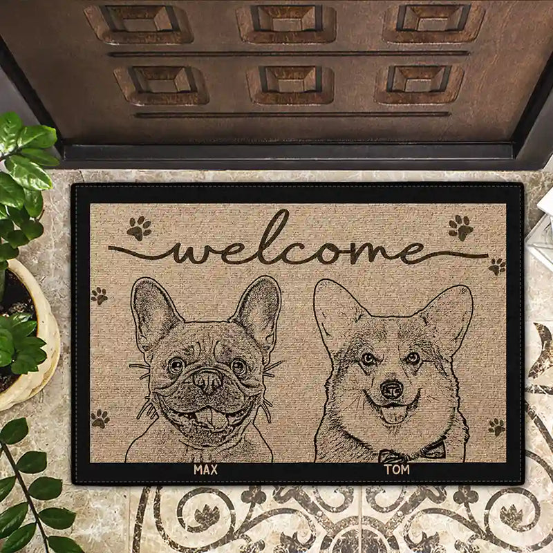 Custom Photo Welcome Pet Face Dog Cat Pencil Drawing - Personalized Doormat