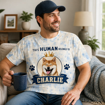 This Human Belongs To — Custom Pet Photo AOP Tee - Lifestyle 2