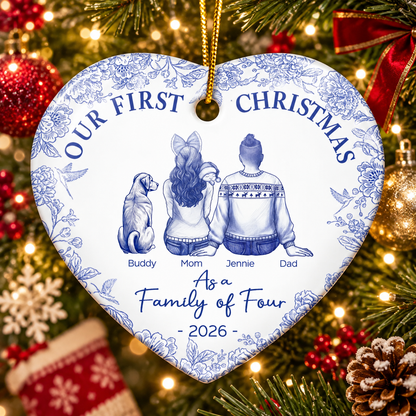 First Christmas As A Family Of Three New Parents Toile - Personalized Heart Ceramic Ornament