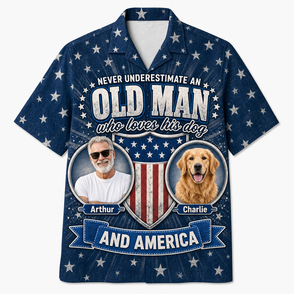 Old Man Dog Lover Patriotic Photo Hawaiian Shirt - Hero