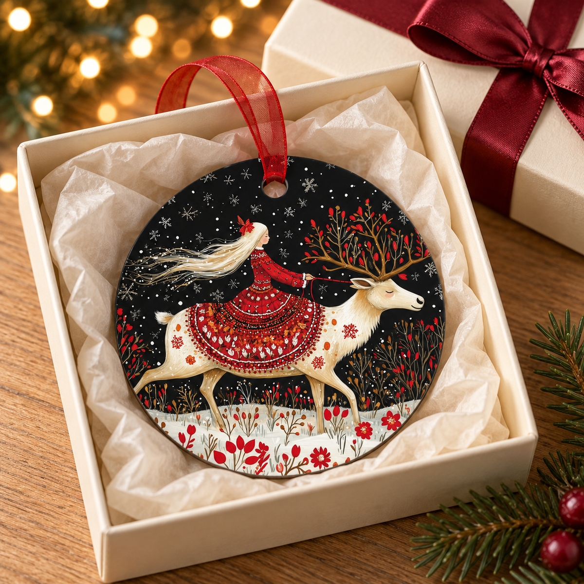 Whimsical Winter Deer & Maiden Metal Ornament, Folklore-Inspired Scandinavian Christmas Decoration, Nordic Red and White Yule Keepsake Gift a1783142-df1b-4a91-8562-ab953f69a785-banner-3.png