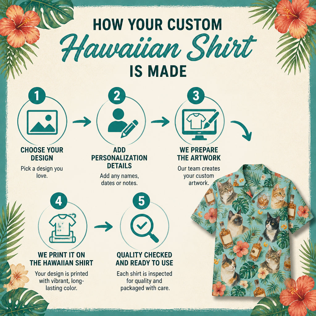 Whiskey & Cats Tropical Hawaiian Shirt - How it is made