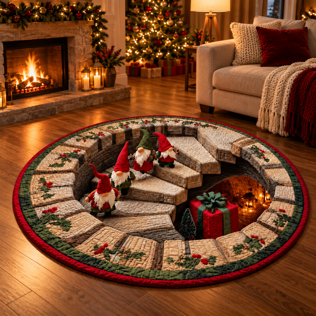 Christmas Gnome Quilted Round Rug, Faux 3D Staircase Vortex Optical Illusion Carpet, Nordic Tomte Holiday Living Room Floor Decor, Gift For Family a41c65e8-65db-4c87-a039-889a0ffe119e-Th-m-Gi-ng-Sinh-3D-b-n-l-s-i-2.png
