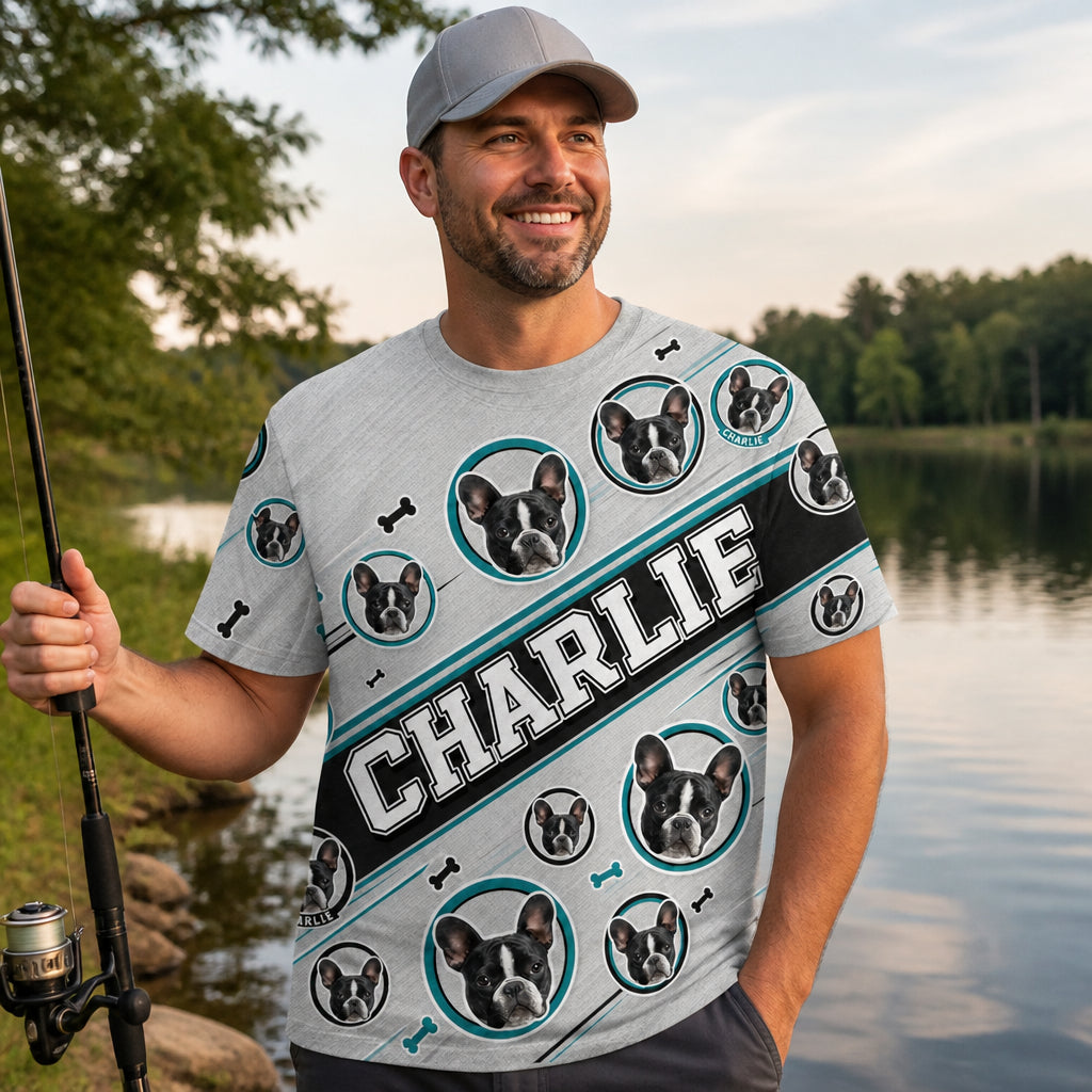 Custom Pet Face AOP Tee with Name Banner - Lifestyle 1