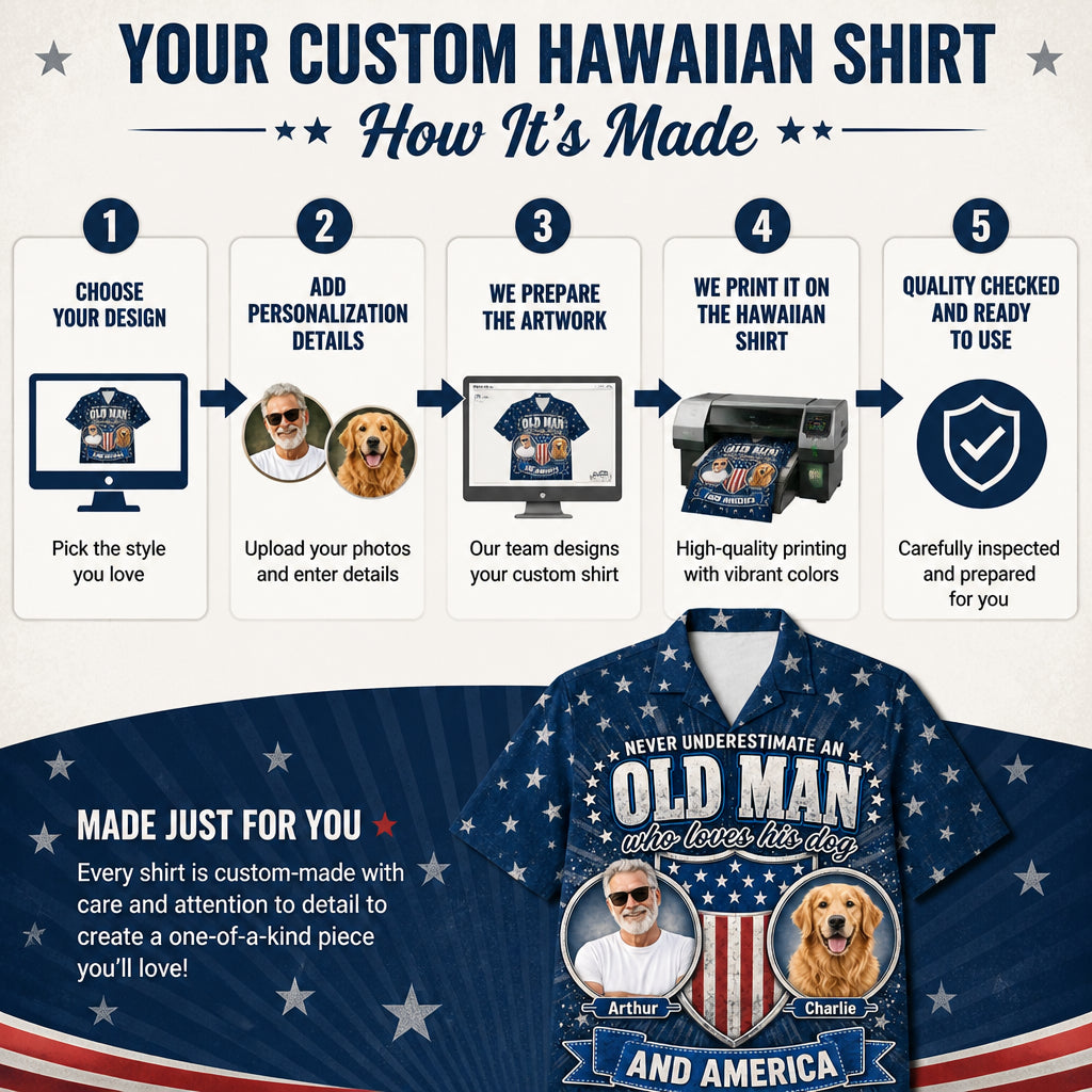Old Man Dog Lover Patriotic Photo Hawaiian Shirt - How it is made