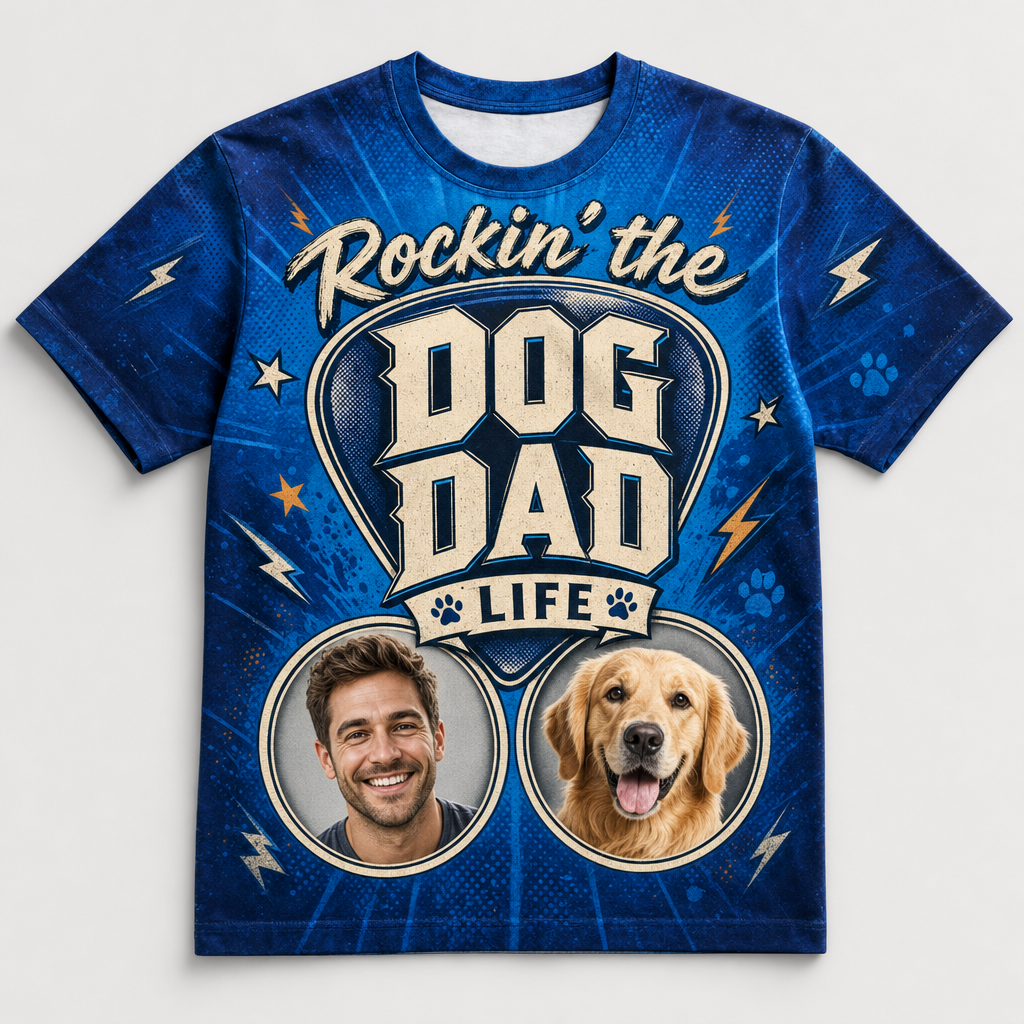 Rockin’ The Dog Dad Life – Custom Face & Pup AOP Tee - Hero