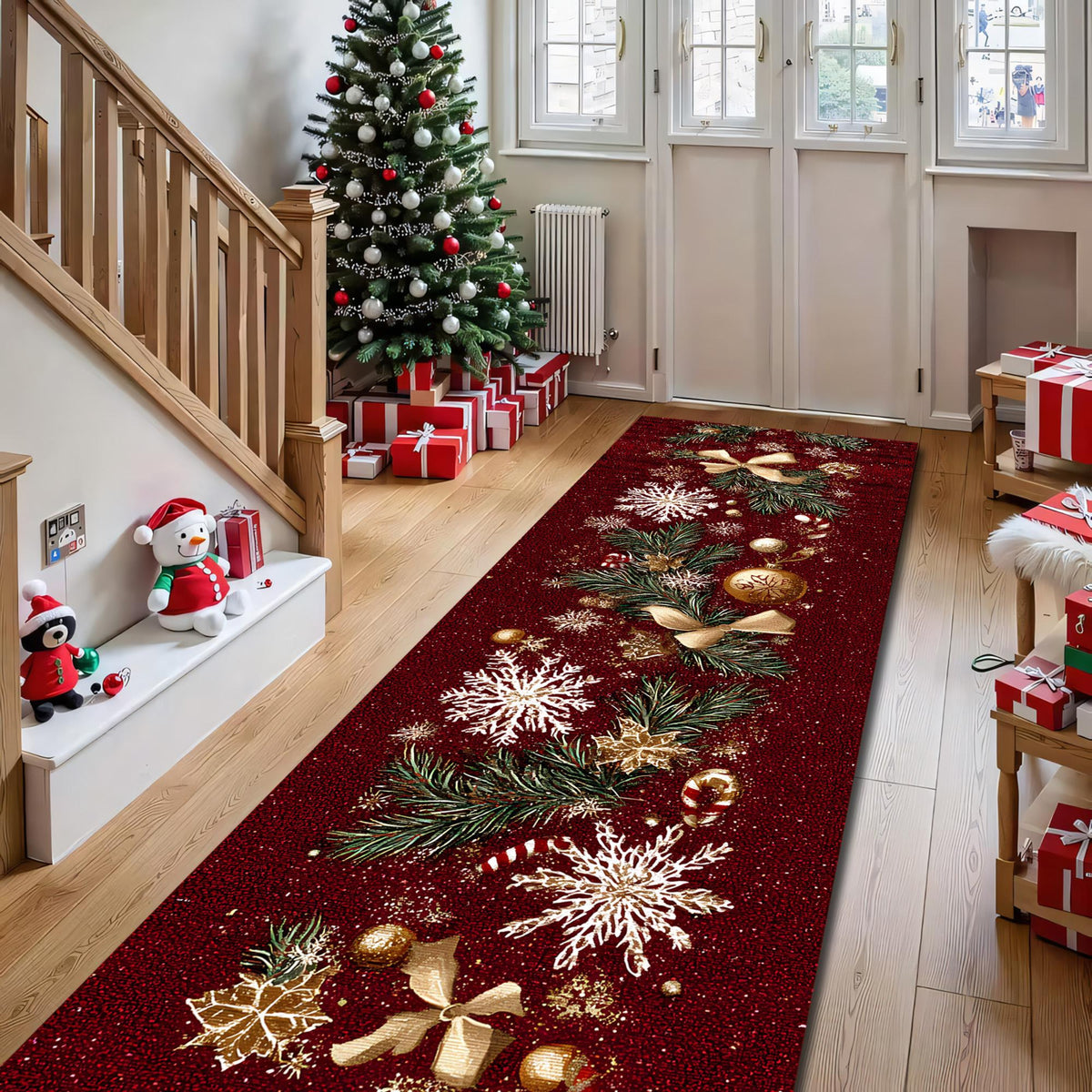 Luxury Red Christmas Runner Rug, Festive Holiday Carpet with Gold Snowflakes, Pine Branches, and Ornaments for Hallway, Entryway Décor a9dc474e-7f2e-4043-bbd0-5cacdacce67c-2.jpg