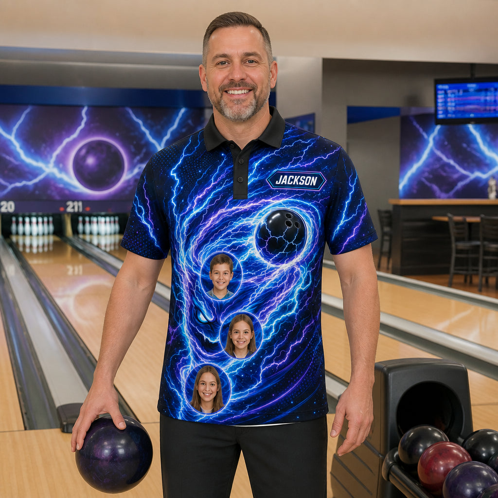 Personalized Electric Storm Bowling Polo Shirt – Custom Name, All-Over Print
