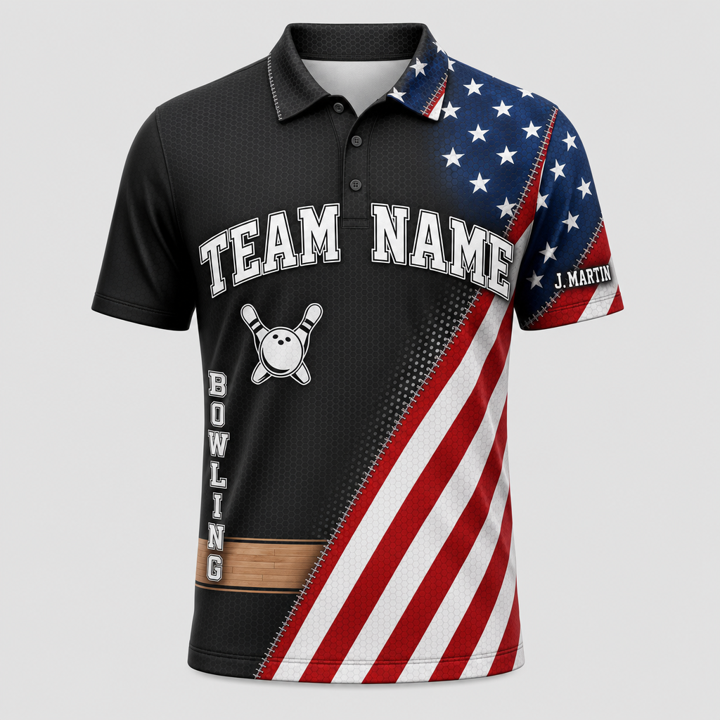 Personalized Stars, Stripes & Strikes Bowling Polo Shirt – Custom Name, All-Over Print