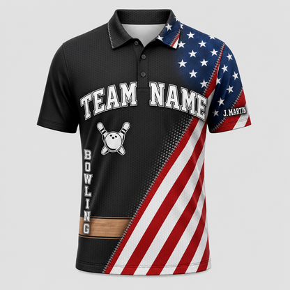 Personalized Stars, Stripes & Strikes Bowling Polo Shirt – Custom Name, All-Over Print