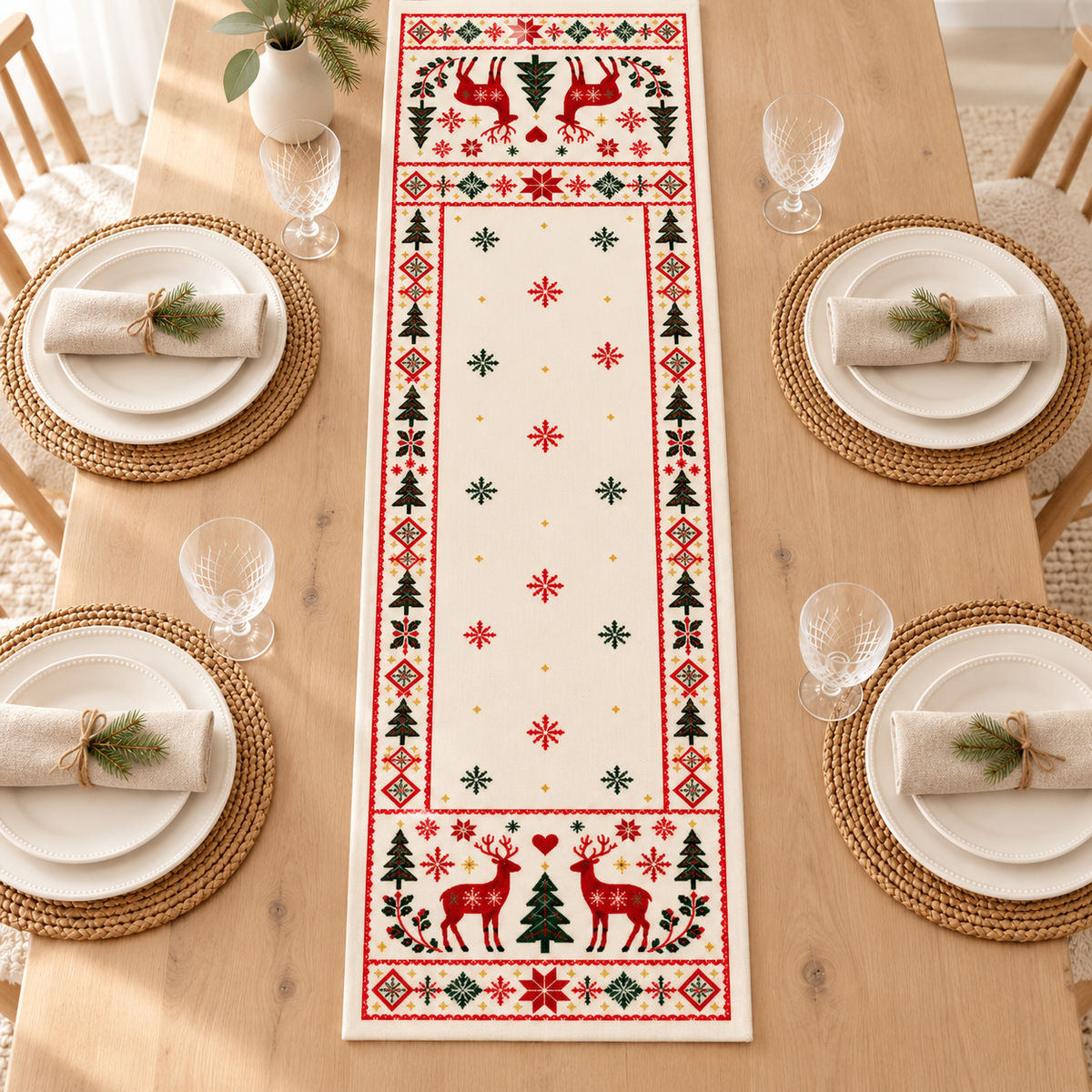 Nordic Reindeer Christmas Table Runner, Scandinavian Holiday Table Decor, Rustic Winter Dining Table Linen ac07bb13-183a-4931-940b-fb9b025a1f45-Ivory-Christmas-runner-in-airy-daylight-7.png